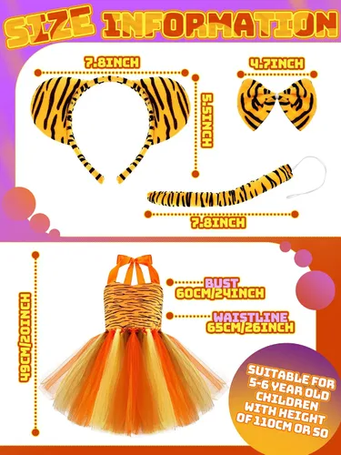 Vista 3 de Jiuguva Disfraz de animal de 4 piezas para Halloween, para fiestas infantiles, incluye tutú, diadema, orejas, corbatín y cola para cosplay (tigre)