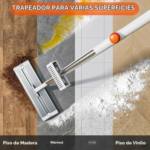 Vista 3 de Trapeador de microfibra autoescurridor, trapeador plano manos libres con hoja para escurrir, panel de aluminio, secado húmedo para apartamentos