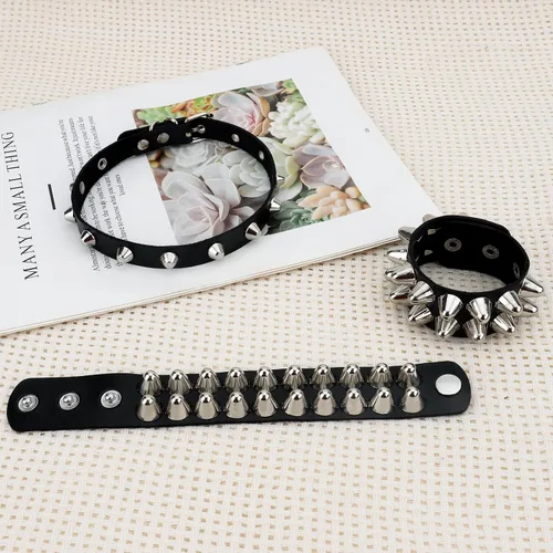 Vista 3 de Pulsera de Halloween, collares, accesorios de cuero con tachuelas, con tachuelas emo, punk, góticas, collares para mujeres y hombres