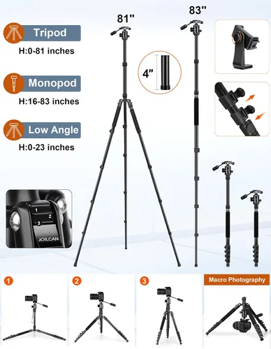 Vista 5 de Trípode de cámara JOILCAN, Trípodes y monópodos de aluminio de 83" con asa de metal, Trípode resistente para cámara DSLR, láseres, binoculares