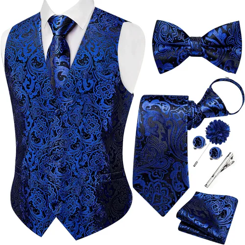 Vista 19 de DiBanGu Conjunto de chaleco de traje de cachemira y corbata preatada para Dorado y Negro