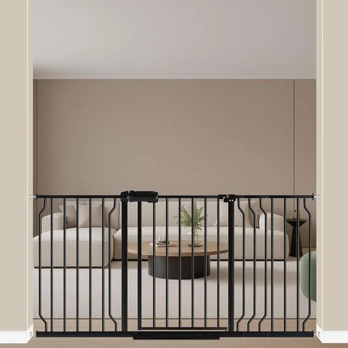 Vista 13 de ALLAIBB - Puerta de seguridad extra ancha de montaje a presión para bebés, autocierre, de metal blanco para niños, perros y mascotas, con pasillo