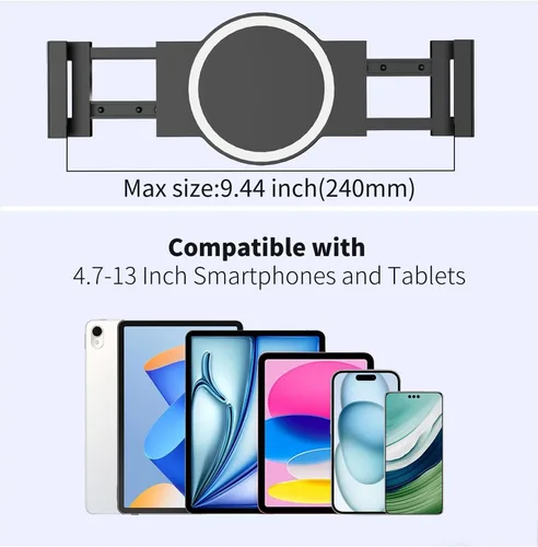 Vista 5 de soporte de pared para iPad, giratorio y basculante, soporte de pared para tableta de aluminio, base de rotación 360°, ajustable y plegable
