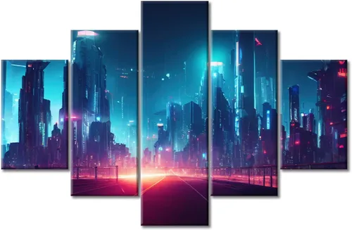 Vista 149 de Cuadros de 5 paneles de Cyberpunk City, arte de pared, representación de vallas publicitarias, edificios modernos en la capital con obras de arte