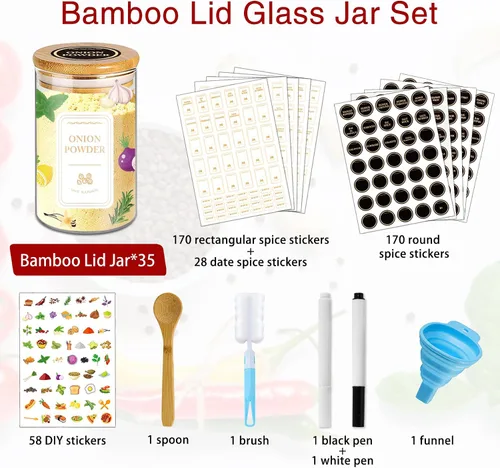 Vista 3 de BGraceyy Tarros de especias con etiquetas, 35 tarros de especias de vidrio de 4 onzas con tapas de bambú, recipientes herméticos apilables