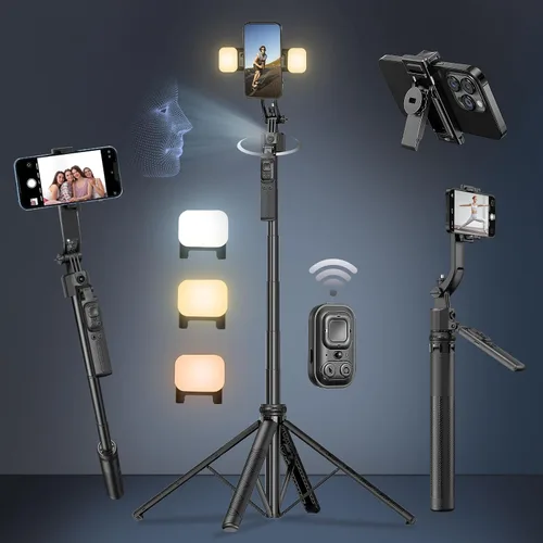 Vista 9 de Trípode Autoseguidor Facial con Palo Selfie para iPhone con Luz de Anillo de 10" Manos Libres Ajustable 360° de 70.9 Pulgadas Soporte para Teléfono