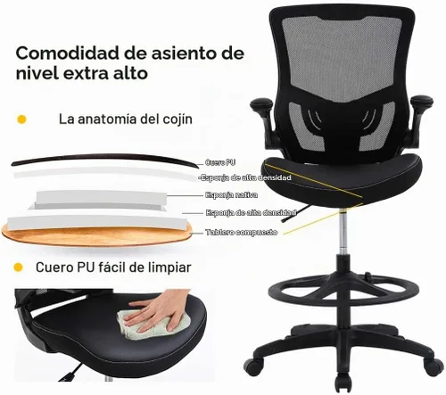 Vista 6 de BestOffice Silla de dibujo alta Negro Silla de oficina ergonómica