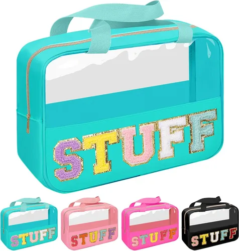 Vista 11 de Iqimott Bolsa de bebé con parche de letras de chenilla, bolsa de cosméticos transparente para maquillaje, bolsa grande de almacenamiento