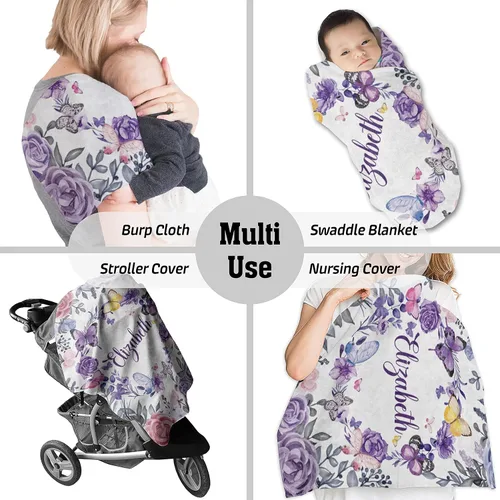Vista 3 de AVIClothes Manta de bebé niña personalizada, mantas personalizadas con diseño de mariposas y flores, manta de bebé con nombre para niña, 30 x 40