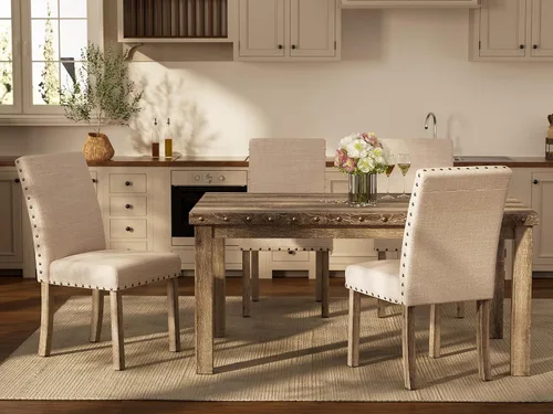 Vista 3 de Morden Fort Juego de Comedor Estilo Granja para 4, Mesa Rectangular de Madera de 60" y 4 Sillas Tapizadas con Detalles de Tachuelas, Juego de Mesa