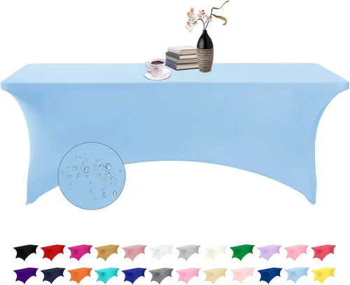 Vista 14 de Paquete de 2 fundas de mesa de elastano impermeables para mesas rectangulares, 6 pies, negras, elásticas, resistentes a manchas, para todas