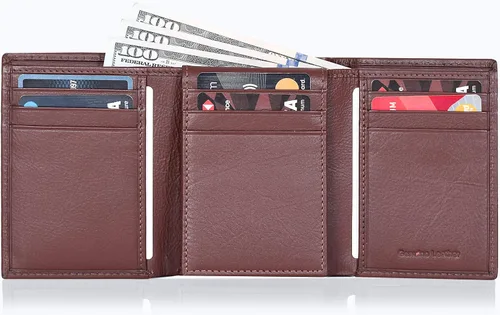 Vista 8 de Billetera de tres pliegues para hombre Cartera de piel auténtica con bloqueo RFID con 9 ranuras para tarjetas