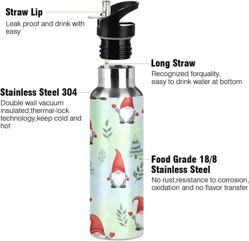 Vista 3 de BPA-Free Sport Water Bottle Insulated 32 Oz, Stainless Steel Water Bottle for Gym Outdoor Travel School, Gnomes Red Hats