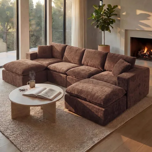Vista 16 de Sofá nube modular en forma de L de 110 pulgadas con otomana móvil, cómodo sofá de 4 asientos de chenilla sin hueso con asiento profundo para sala