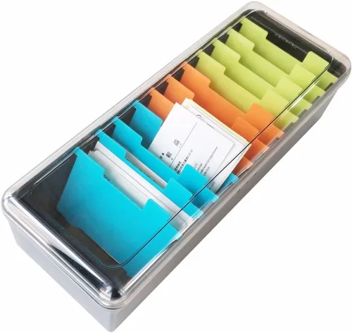 Vista 6 de Organizador de tarjetas de visita: caja de almacenamiento de 500 tarjetas con 11 divisores