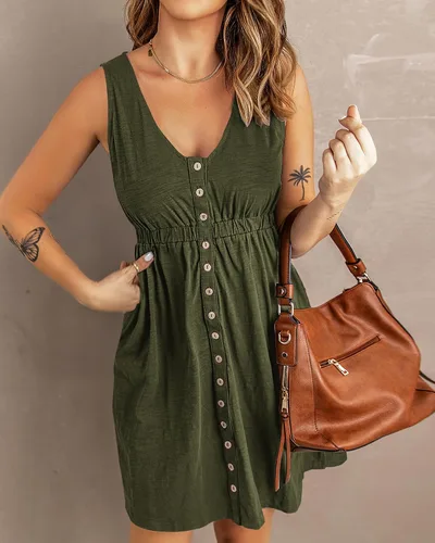 Vista 3 de BTFBM - Vestido de verano sin mangas y con cintura alta para mujer, vestido de playa con tela de punto acanalado, cuello redondo, botones