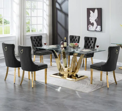 Vista 40 de SSLine Mesa de comedor de cristal dorado de 70 pulgadas para 4-6, base de Mesa de oro floral