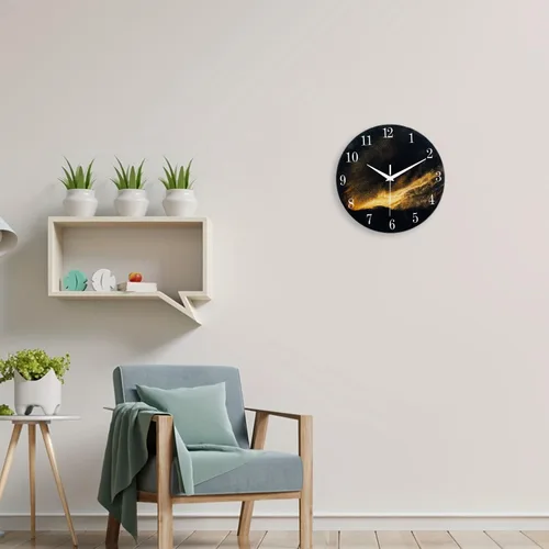 Vista 4 de Reloj de pared moderno negro y dorado con pilas, reloj de pared silencioso de 12 pulgadas, reloj de pared de vidrio sin tictac para sala de estar