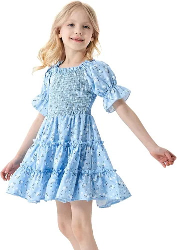 Vista 3 de Vestido de niña pequeña, cuello cuadrado, manga abombada, acampanado, vestidos florales de verano para niñas pequeñas, 2-6T