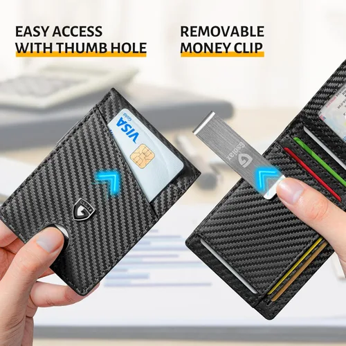 Vista 5 de GSOIAX Cartera delgada de cuero plegable RFID para hombre, billetera minimalista con bolsillo frontal con clip para dinero, 12 ranuras para Negro