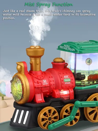Vista 3 de Miracland Tren de vapor retro con función de pulverización de niebla, juguete locomotora vintage con rueda universal, luces y música y carro Verde