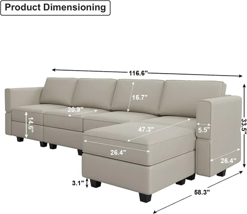 Vista 2 de Belffin - Sofá modular seccional con chaise reversible de terciopelo en forma de L, con almacenamiento de 4 plazas, sofá convertible gris..