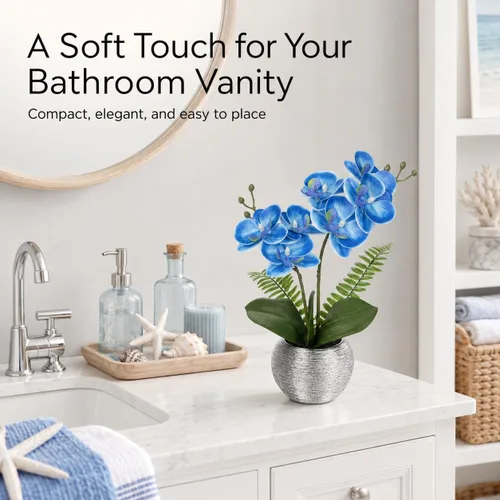 Vista 4 de Briful Pequeñas flores artificiales de orquídeas artificiales de 13 pulgadas en maceta de cerámica plateada, arreglo de orquídeas artificiales
