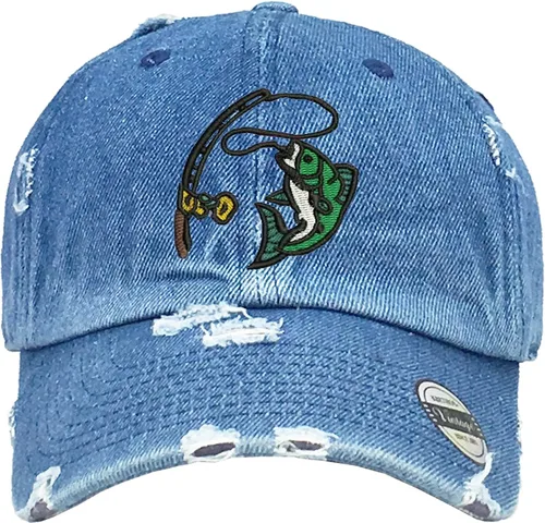 Vista 6 de Sombrero de papá bordado de pescado, gorra gráfica de pesca ajustable vintage Pigmento rosa.