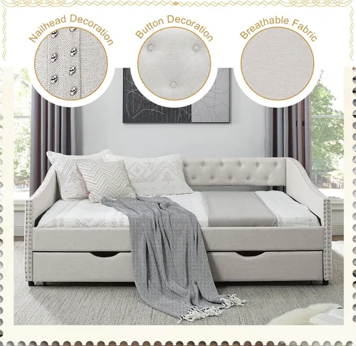 Vista 3 de Base de cama tamaño matrimonial de madera, base de cama diurna con 2 cajones de almacenamiento, sofá cama tapizada de tamaño matrimonial con diseño