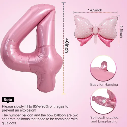 Vista 2 de Globo rosado de 40 pulgadas con número 4 y lazo mini para decoraciones de fiesta de cumpleaños número 4 de niña - Suministros de fiesta con tema rosa