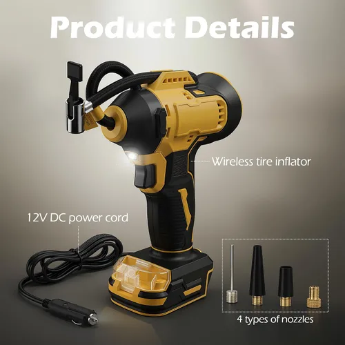 Vista 7 de Inflador de neumáticos inalámbrico compatible con batería Dewalt de 20 V MAX, bomba de aire de mano de 150 PSI, compresor de aire portátil