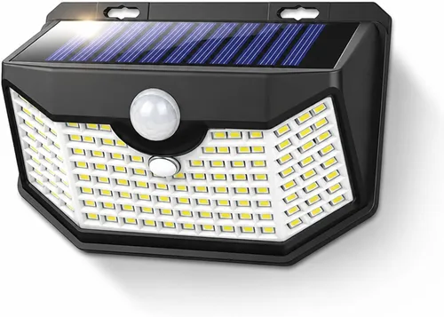 Vista 10 de HMCITY Luces solares para exteriores, 120 LED con 3 modos de iluminación, luces de pared con sensor de movimiento, IP65, impermeable, alimentadas