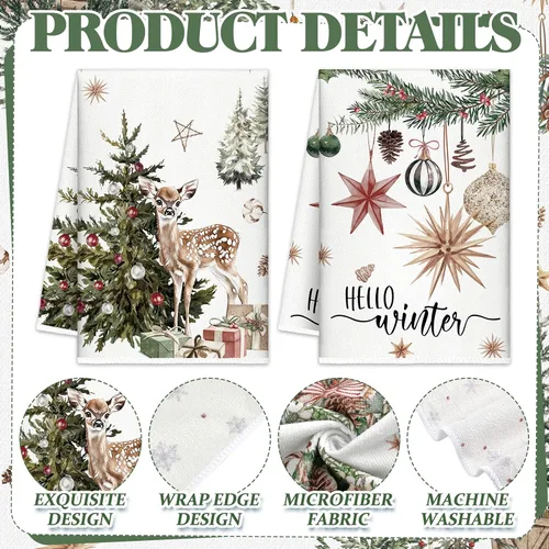 Vista 4 de FuWeave Toallas de Cocina Navideñas Beige Paños de Cocina con Árbol Navideño Toallas de Mano Decorativas Hello Winter Absorbentes Pelota de Guantes