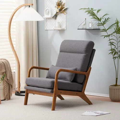 Vista 2 de SSLine Sillón tapizado moderno de tela de lino suave con almohada y marco de madera de roble, cómodo sofá individual con respaldo alto, silla