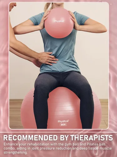 Vista 7 de PhysKcal Pelota de yoga para ejercicio, set de pilates, pelota de fitness de 4 tamaños para entrenamiento, parto, embarazo, terapia física - Bomba