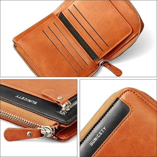 Vista 6 de Cartera de cuero a la moda corta con cremallera RFID función multitarjeta, cartera RFID para hombres, Marrón
