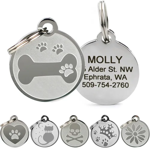 Vista 5 de Placas personalizables para mascotas, de acero inoxidable, para perros y gatos. Grabado personalizable con cuatro líneas de texto, elegante