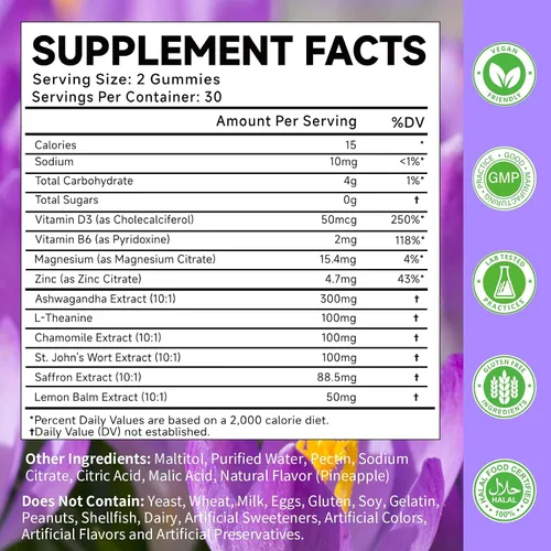 Vista 2 de Gomitas de Azafrán para Adultos y Niños, Suplemento Regulador de Cortisol 10-EN-1 con Azafrán 88.5mg, Vitamina D3, B6, Magnesio, Zinc, Ashwagandha