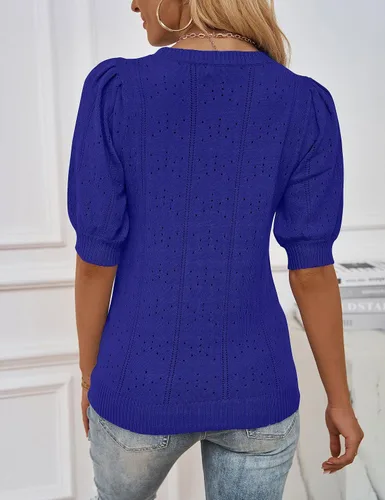 Vista 4 de MEROKEETY Suéter de manga corta abombada para mujer, cuello redondo, tejido de ganchillo, suave
