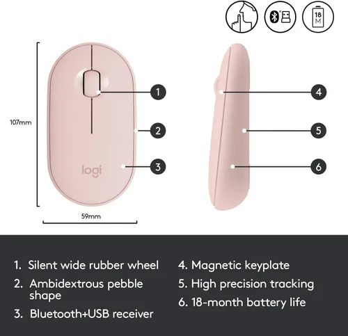 Vista 7 de Logitech Pebble M350 - Mouse inalámbrico con Bluetooth o USB, silencioso y delgado con clic silencioso para iPad, laptop, laptop, PC y Mac, rosa
