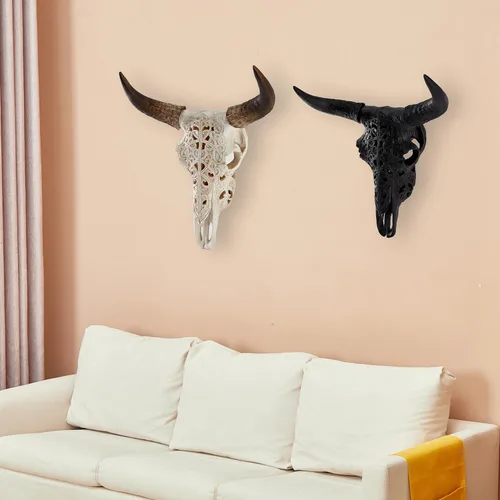 Vista 6 de OTARTU Escultura para colgar en la pared, diseño tribal negro, diseño tallado con calavera de buey de 19 pulgadas, arte de decoración de pared