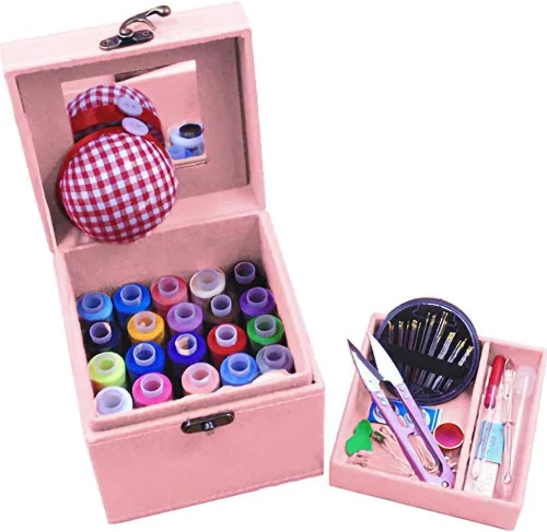 Vista 4 de Kits de costura de 2 capas con caja vintage, accesorios de costura, kits de suministros para adultos, niños, principiantes, cesta de costura de Azul