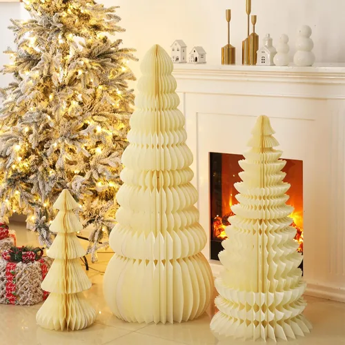 Vista 14 de 3 piezas de árbol de Navidad grande de panal, clásico, beige, verde, marrón
