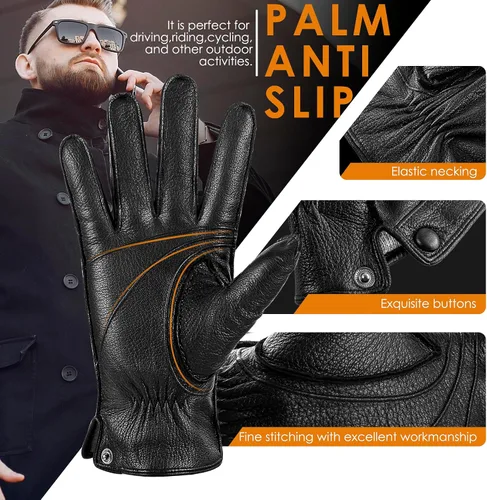 Vista 5 de Guantes de piel de oveja genuina para hombre, guantes de invierno cálidos para pantalla táctil, guantes de motocicleta con forro de cachemira