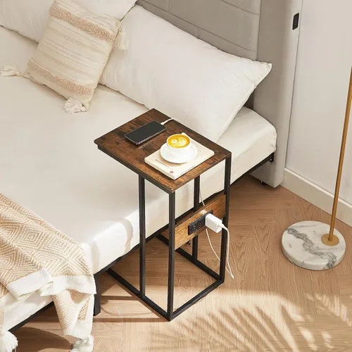 Vista 2 de BUDOME Mesa auxiliar en forma de C con estación de carga, mesa auxiliar con tomas, mesa de sofá con puertos USB C, mesa C con superficie premium
