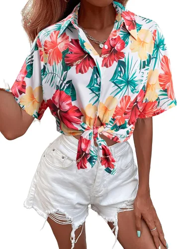 Vista 4 de MYHALF Camisa hawaiana suave y fresca para mujer, camisas hawaianas de verano con estampado floral tropical, cuello en V, camiseta de manga corta