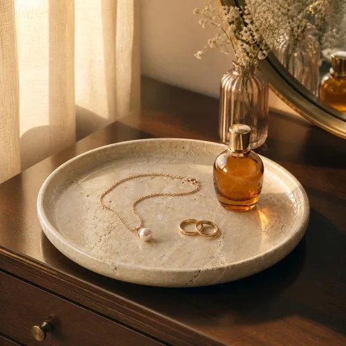 Vista 10 de YKAJO Beige Travertine Round Marble Tray, 10" Deep Dish Vanity Organizer