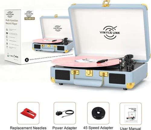 Vista 12 de VINYLSLINK Reproductor de discos de vinilo con Bluetooth, tocadiscos portátil de 3 velocidades con control de agudos y graves, altavoces estéreo