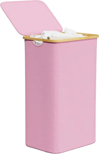 Vista 16 de SpaceAid Cesta de lavandería delgada con ruedas y tapa, cesta de ropa estrecha rodante de 62 litros con mango de bambú, canasta grande para ropa