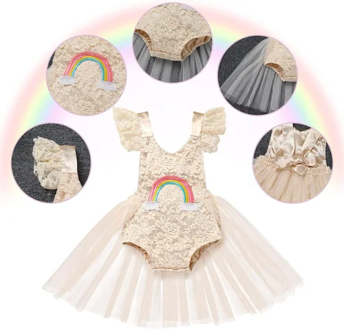 Vista 28 de Traje de bebé niña primer cumpleaños traje de encaje tul mameluco princesa tutú vestido de un año cumpleaños pastel Smash fotografía ropa